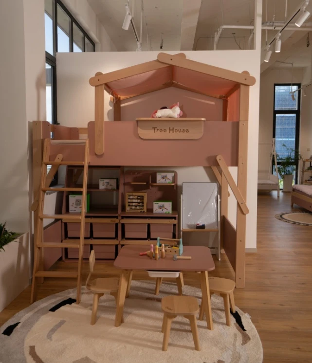 Premium wooden kids loft bed with treehouse roof and integrated storage Premium wooden kids loft bed with treehouse roof and integrated storage