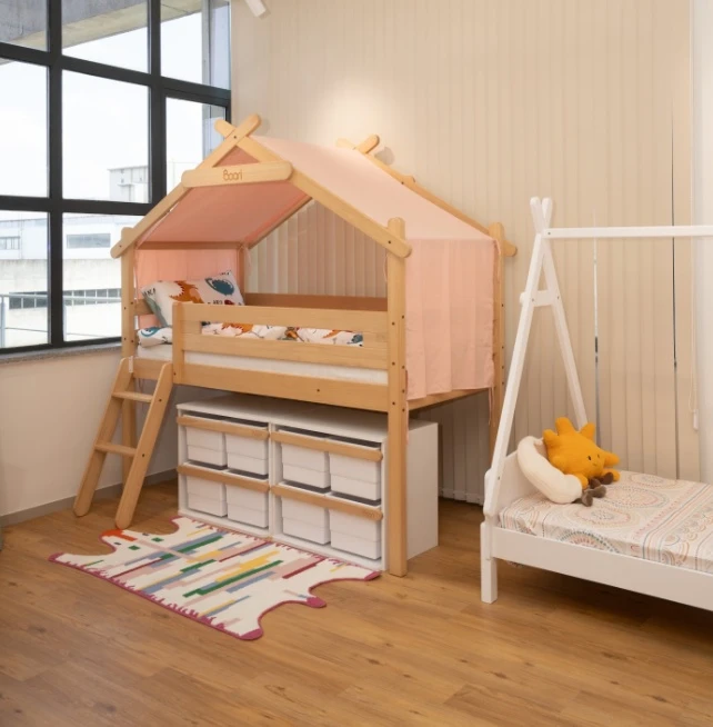 Kids mid-sleeper cabin bed with under-bed storage organizers. Kids mid-sleeper cabin bed with under-bed storage organizers.